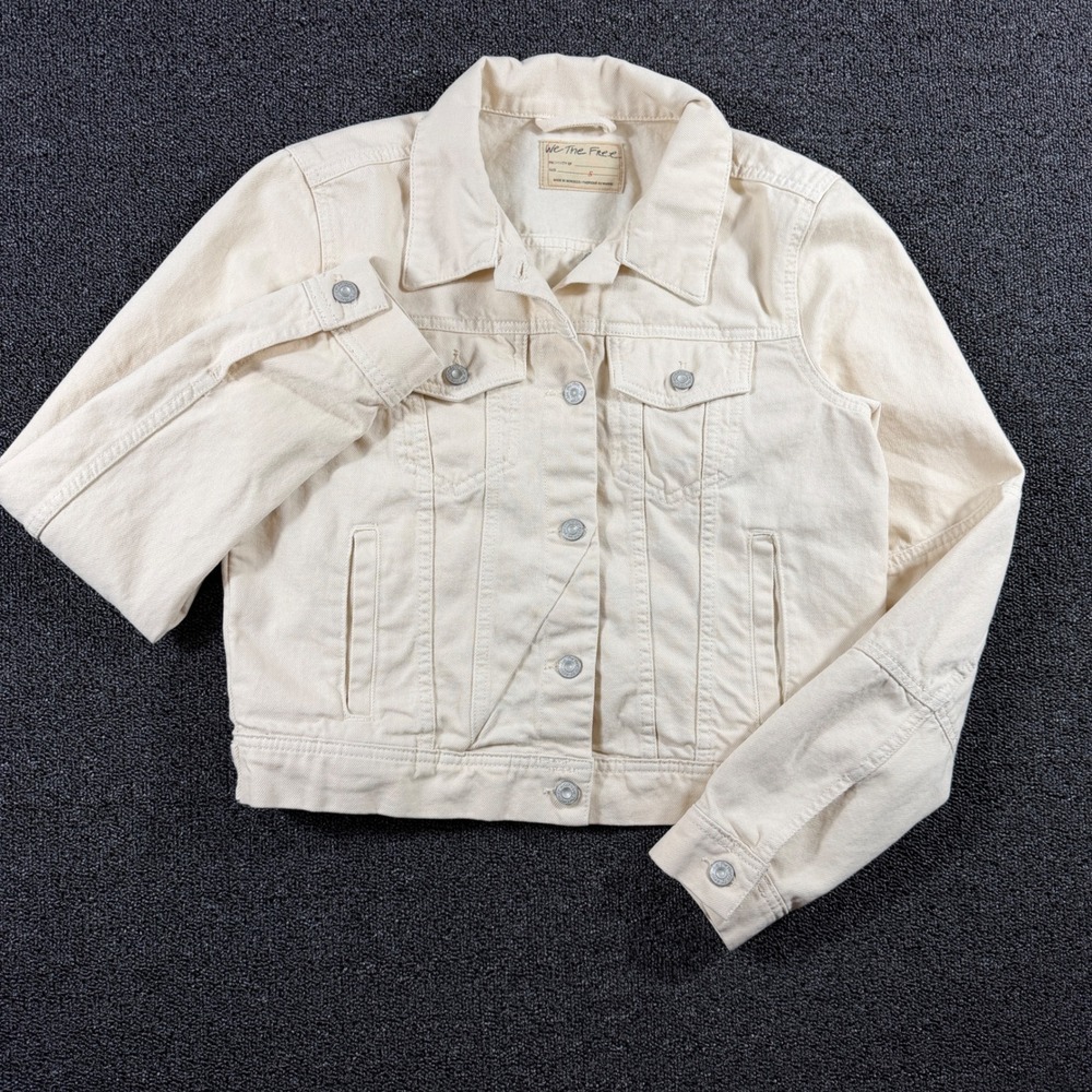 We‎ The Free Cream Denim Jacket Women's S Oversized Trucker Jean Coastal Utility - Picture 1 of 8